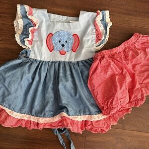 Blue & Red Elephant Appliqué Baby Dress Set